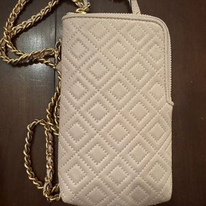 Tory Burch Cream Quilted Crossbody Bag with Gold Chain, phone case holder